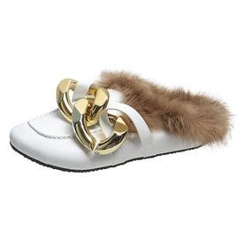 Mules Chaîne En Métal Et Fourrure Véritable Pour Femme, Mocassins Bout Rond, Chaussures Décontractées, Tongs Duveteuses Et Poilues, Hiver