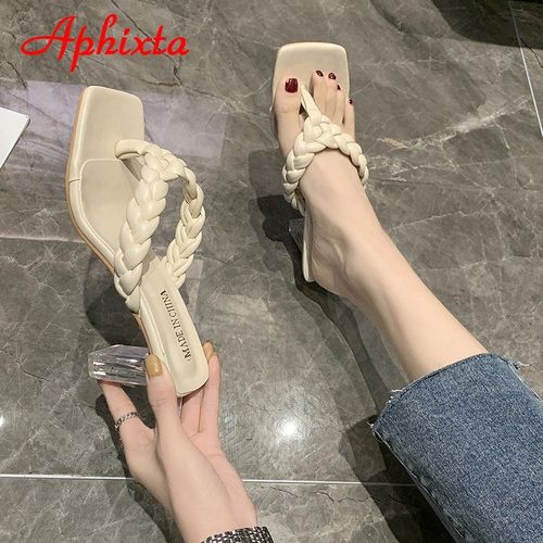 Mules Talons Carrés Tressées, Chaussures Bout Ouvert 5 Cm, Pour Extérieur,légantes