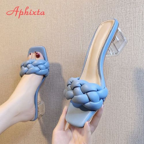Mules Talons Carrés Tressées, Chaussures Bout Ouvert 5 Cm, Pour Extérieur,légantes