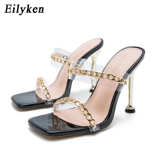 Mules Talons Hauts En Pvc Transparent Pour Femme, Chaussures La Mode, Design De Chaîne, Partie Avant Bout Carré