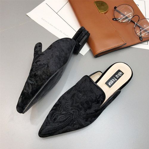 Mules Brodées En Fourrure Pour Femmes, Demi-pantoufles, Chaussures En Velours 3d, Décoration Florale, La Mode