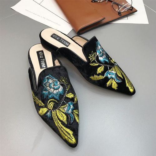 Mules Brodées En Fourrure Pour Femmes, Demi-pantoufles, Chaussures En Velours 3d, Décoration Florale, La Mode