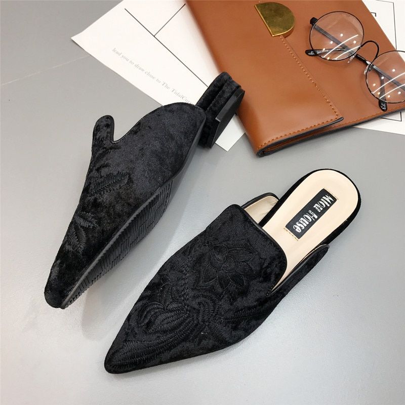 Mules Brodes En Fourrure Pour Femmes, Demi-Pantoufles, Chau... - 5