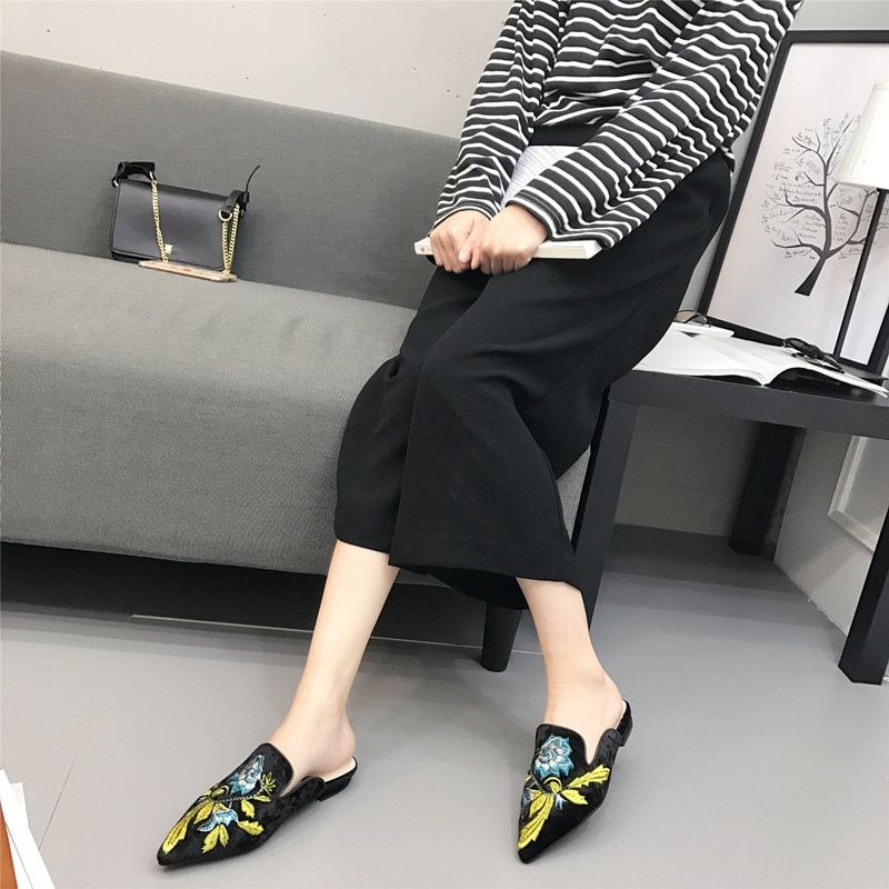 Mules Brodes En Fourrure Pour Femmes, Demi-Pantoufles, Chau... - 4