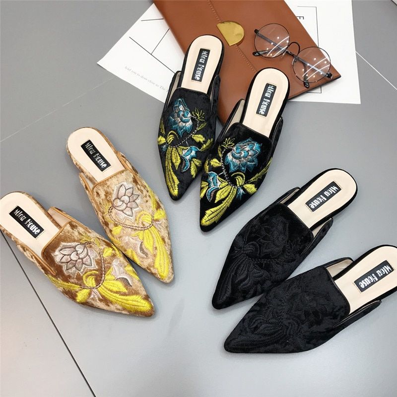 Mules Brodes En Fourrure Pour Femmes, Demi-Pantoufles, Chau... - 2