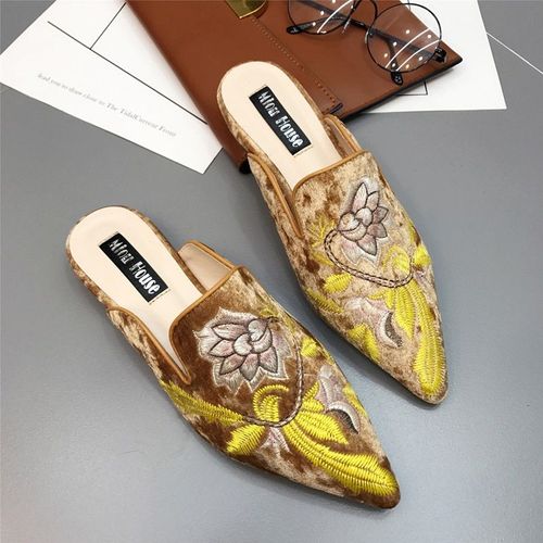 Mules Brodées En Fourrure Pour Femmes, Demi-pantoufles, Chaussures En Velours 3d, Décoration Florale, La Mode