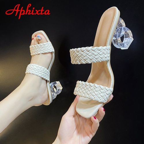 Mules Pour Femmes, Pantoufles Design, Diapositives De Sandales, Cordon Tressé, Talons Transparents De 7cm, Chaussures Pour Femmes,