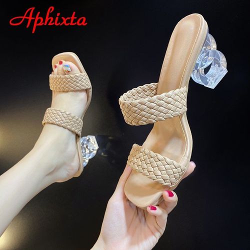 Mules Pour Femmes, Pantoufles Design, Diapositives De Sandales, Cordon Tressé, Talons Transparents De 7cm, Chaussures Pour Femmes,