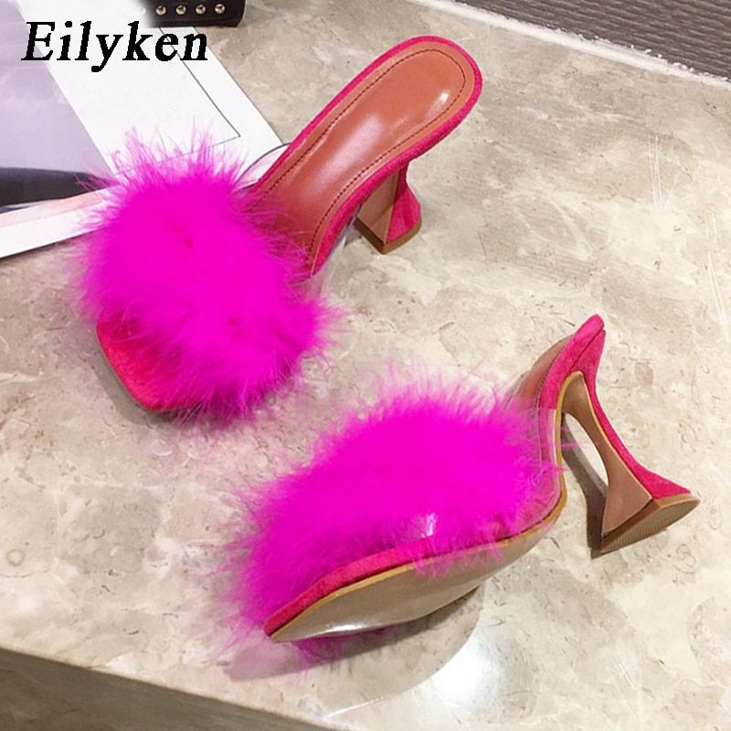 Mules En Fourrure Pour Femmes, Pantoufles En Plumes, Pvc, Tr... - 3