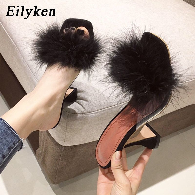 Mules En Fourrure Pour Femmes, Pantoufles En Plumes, Pvc, Tr... - 4