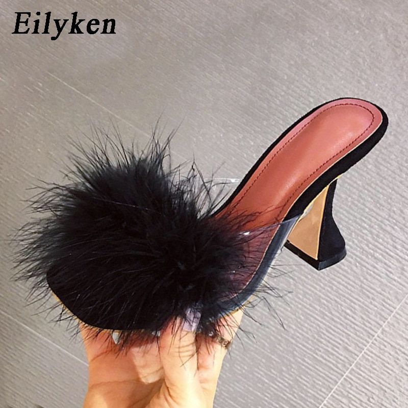 Mules En Fourrure Pour Femmes, Pantoufles En Plumes, Pvc, Tr... - 5