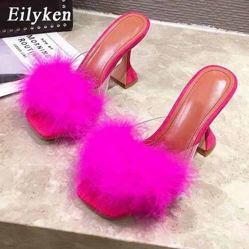Mules En Fourrure Pour Femmes, Pantoufles En Plumes, Pvc, Transparentes, Talons Hauts, Sandales Bout Ouvert, Chaussures
