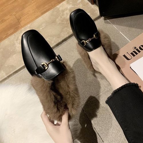 Mules En Peluche Pour Femmes, Pantoufles Chaudes À Enfiler, Chaussures Plates En Fausse Fourrure, Bout Carré, Mode Dames, Glissades D'hiver Décontractées - 40