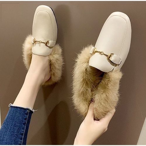Mules En Peluche Pour Femmes, Pantoufles Chaudes À Enfiler, Chaussures Plates En Fausse Fourrure, Bout Carré, Mode Dames, Glissades D'hiver Décontractées - 40