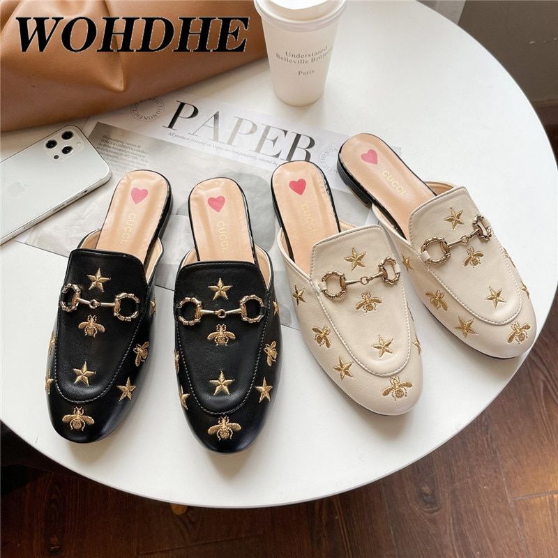 Mules Femme En Cuir Orn D'abeilles Brodes, Chaussures  En... - 2
