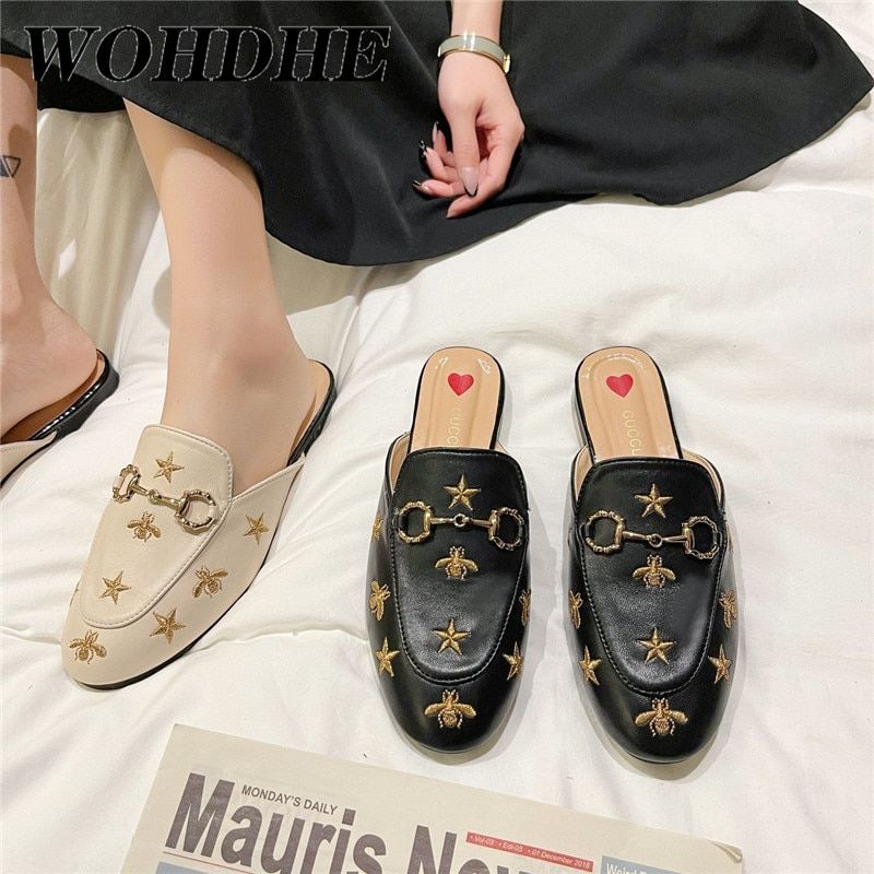 Mules Femme En Cuir Orn D'abeilles Brodes, Chaussures  En... - 3