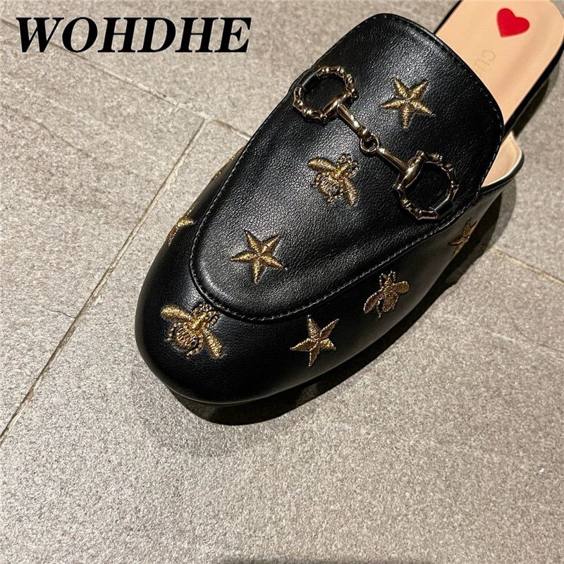 Mules Femme En Cuir Orn D'abeilles Brodes, Chaussures  En... - 4