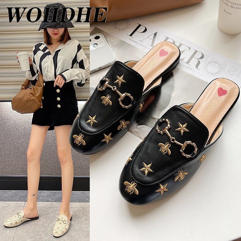 Mules Femme En Cuir Orn D'abeilles Brodes, Chaussures  En... - 7