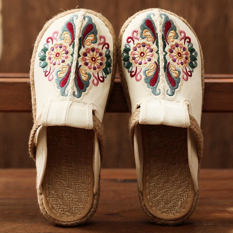 Mules Plates Brodes  La Main En Lin Pour Femmes, Pantoufle...