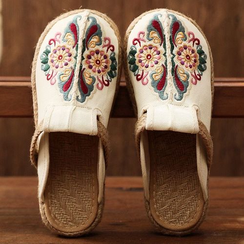 Mules Plates Brodées La Main En Lin Pour Femmes, Pantoufles Rétro Végétaliennes Pour Dames, Chaussures Espadrilles Confortables En Toile