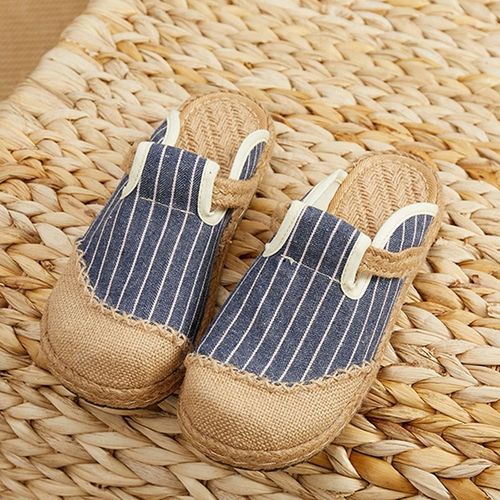 Mules Plates Brodées La Main En Lin Pour Femmes, Pantoufles Rétro Végétaliennes Pour Dames, Chaussures Espadrilles Confortables En Toile