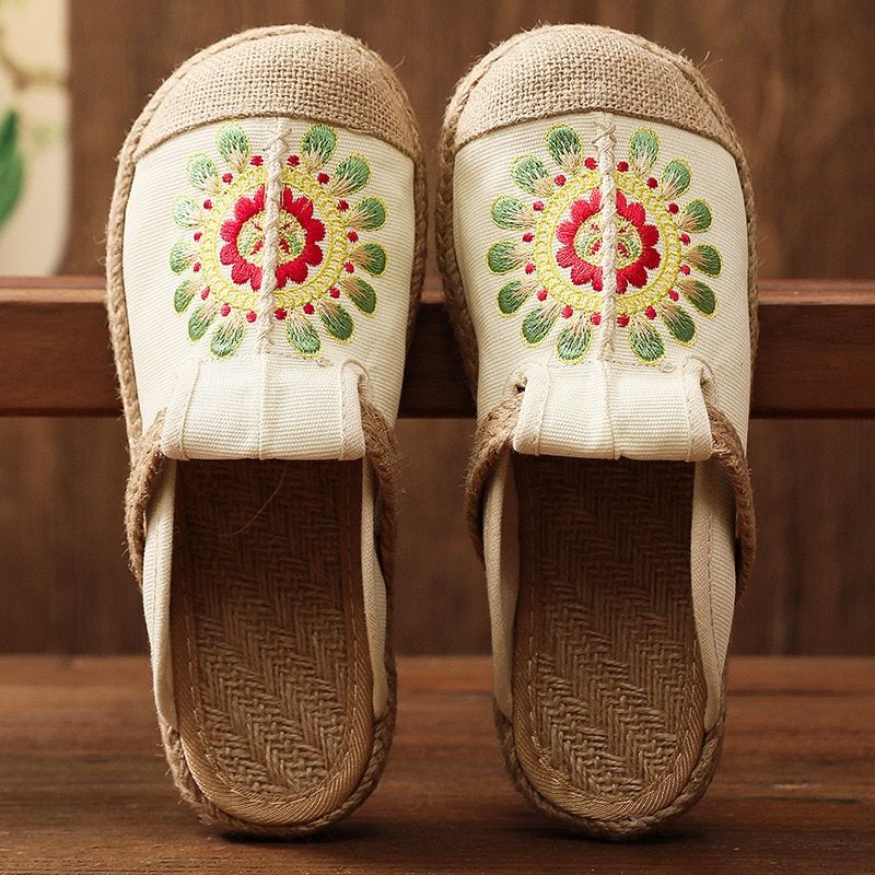 Mules Plates Brodes  La Main En Lin Pour Femmes, Pantoufle...