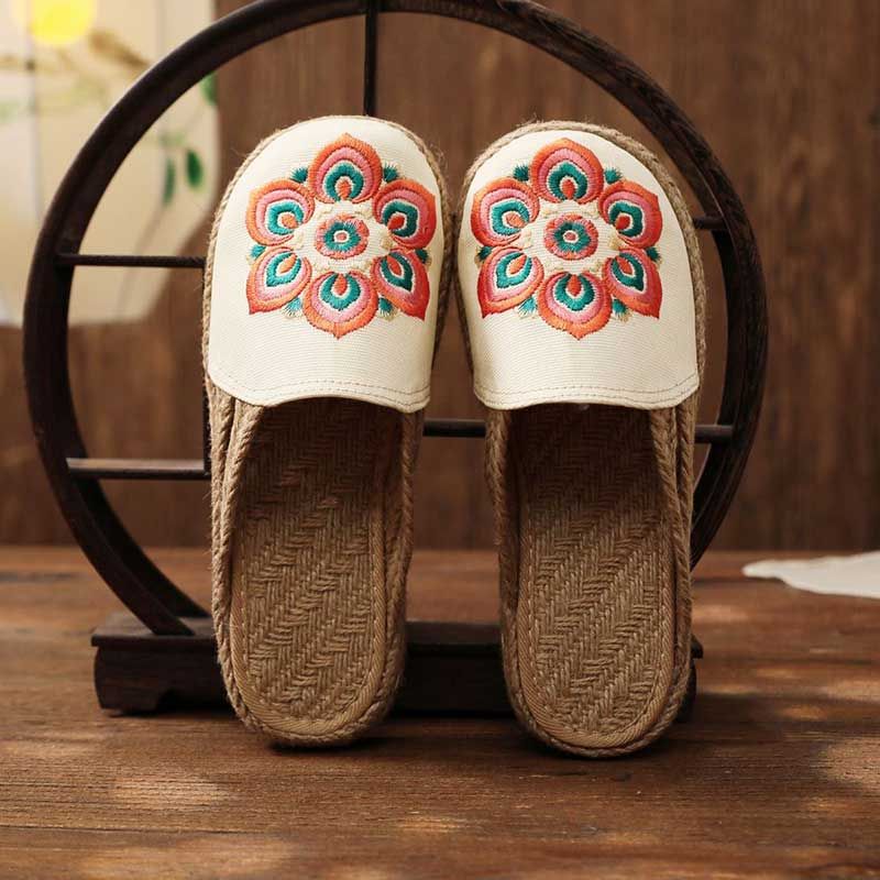 Mules Plates Brodes  La Main En Lin Pour Femmes, Pantoufle...