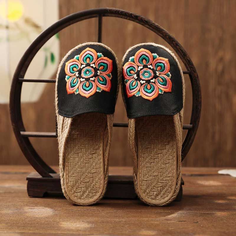 Mules Plates Brodes  La Main En Lin Pour Femmes, Pantoufle...