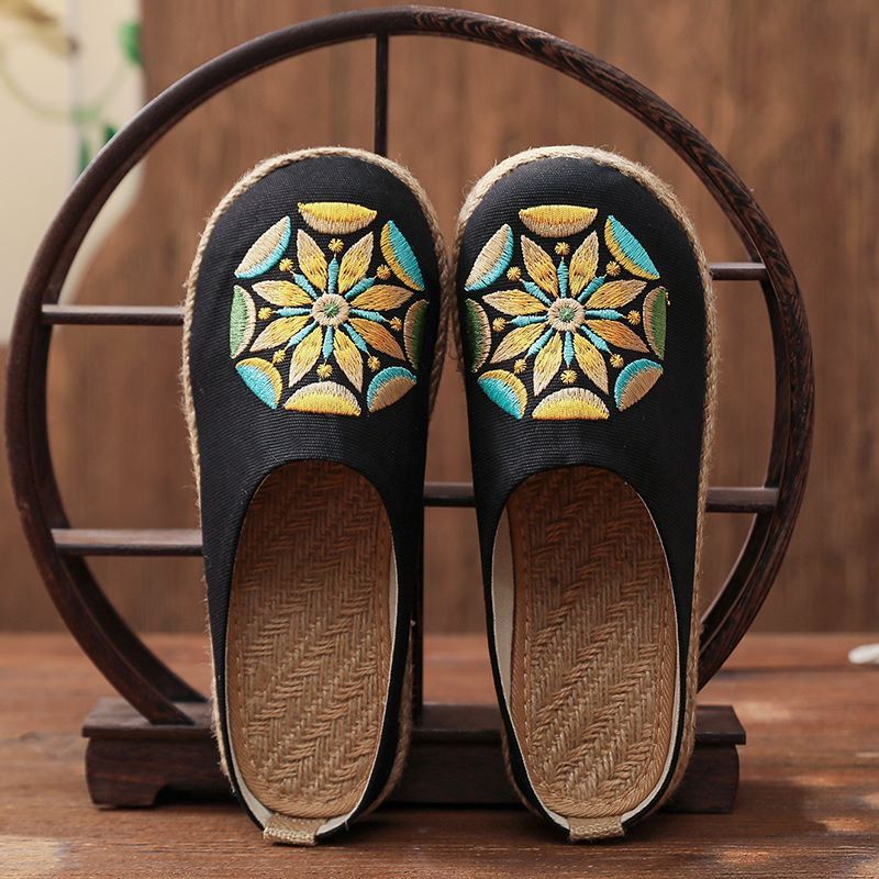 Mules Plates Brodes  La Main En Lin Pour Femmes, Pantoufle...