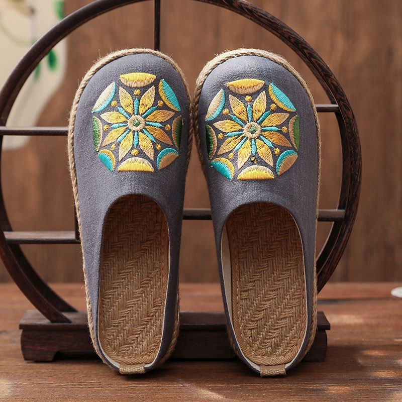 Mules Plates Brodes  La Main En Lin Pour Femmes, Pantoufle...