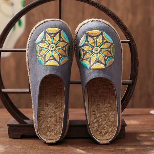 Mules Plates Brodées La Main En Lin Pour Femmes, Pantoufles Rétro Végétaliennes Pour Dames, Chaussures Espadrilles Confortables En Toile
