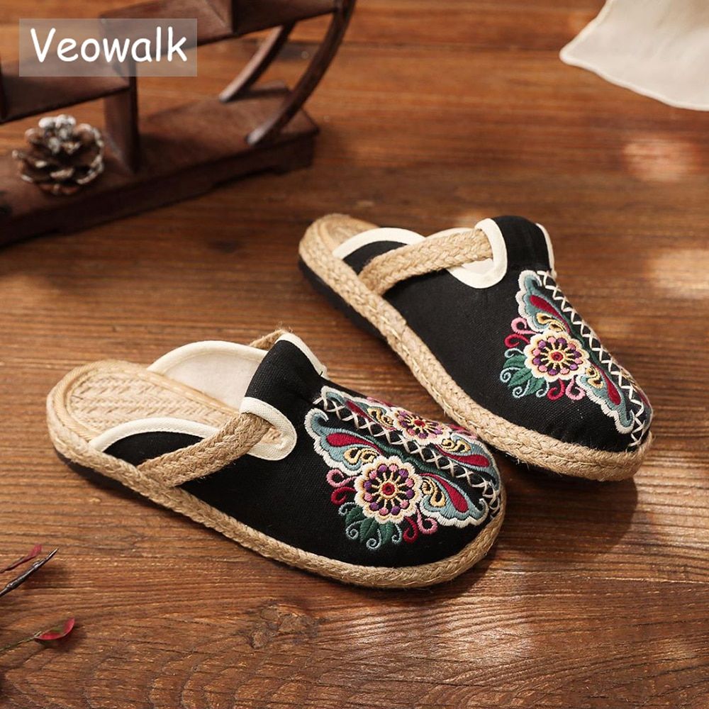Mules Plates Brodes  La Main En Lin Pour Femmes, Pantoufle... - 2