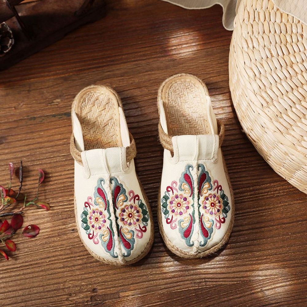 Mules Plates Brodes  La Main En Lin Pour Femmes, Pantoufle... - 4