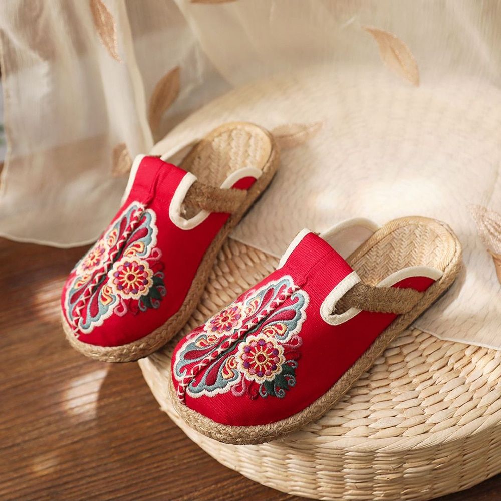Mules Plates Brodes  La Main En Lin Pour Femmes, Pantoufle... - 5
