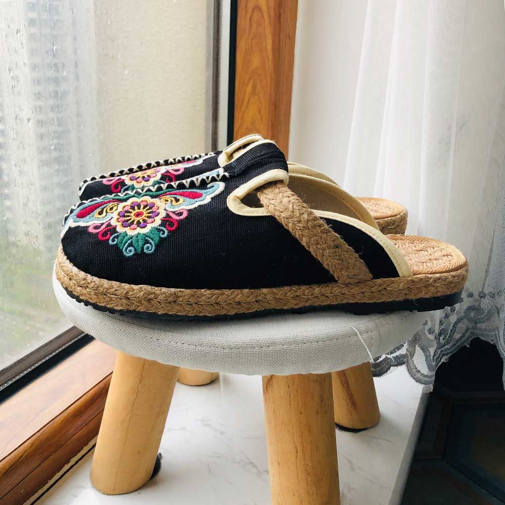 Mules Plates Brodes  La Main En Lin Pour Femmes, Pantoufle... - 10