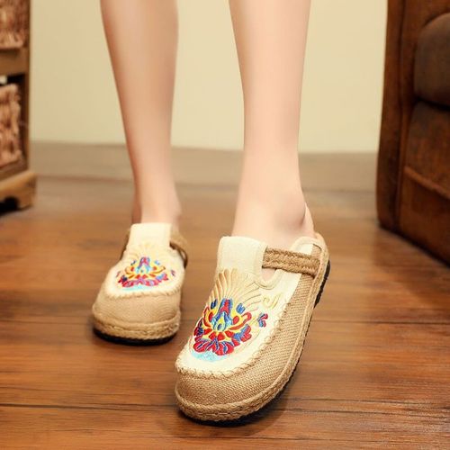 Mules Plates Brodées La Main En Lin Pour Femmes, Pantoufles Rétro Végétaliennes Pour Dames, Chaussures Espadrilles Confortables En Toile