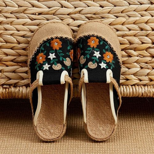 Mules Plates Brodées La Main En Lin Pour Femmes, Pantoufles Rétro Végétaliennes Pour Dames, Chaussures Espadrilles Confortables En Toile