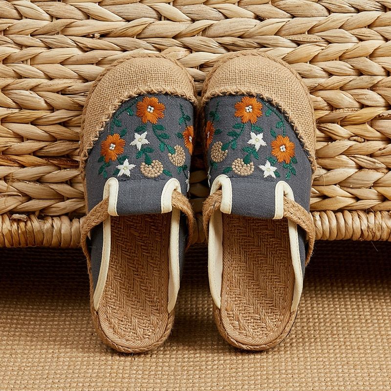 Mules Plates Brodes  La Main En Lin Pour Femmes, Pantoufle...