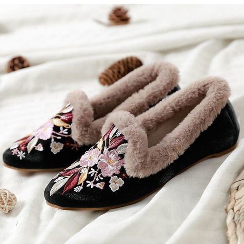 Mules Plates Confortables En Tissu Coton Et Velours Pour Femmes, Chaussures Brodées Chinoises, Bout Pointu