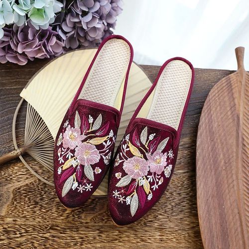 Mules Plates Confortables En Tissu Coton Et Velours Pour Femmes, Chaussures Brodées Chinoises, À Bout Pointu