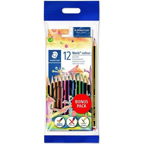 12 Crayons De Couleur - Gomme Mars Plastic - Crayon Graphite Hb - Noris Colour - Staedtler