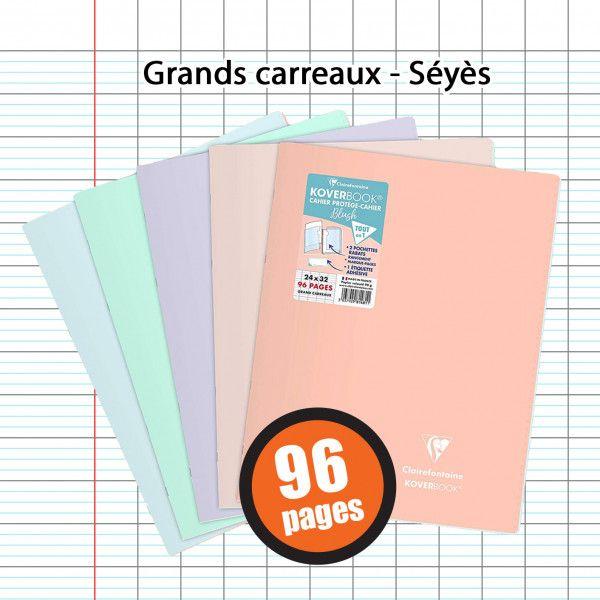 Lot de 5 cahiers - 24x32(cm) - Grands carreaux - 96 pages - couverture en  polypro - sans spirale - Clairefontaine - Koverbook