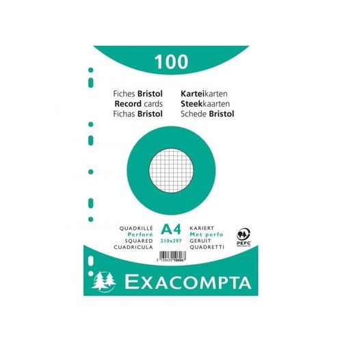 100 Fiches Bristol A4 Petits Carreaux Perforées 21x29,7cm 10606e
