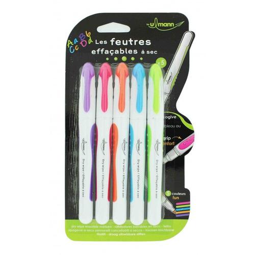 5 Feutres Effaçables ? Sec - Pointe Ogive 1mm - Grip Ergonomique - 5 Couleurs - By Ulmann