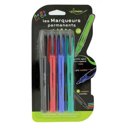 4 Marqueurs Permanent Pointe Ogive 1mm Grip Ergonomique 4 Couleurs By Ulmann