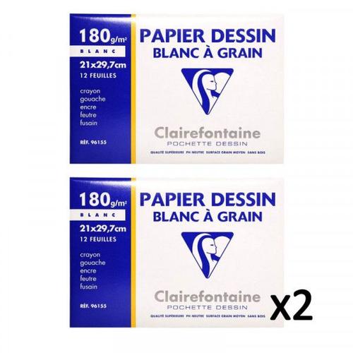 Lot De 2 Pochettes Papier Dessin À Grain Blanc 21x29,7 Cm Clairefontaine