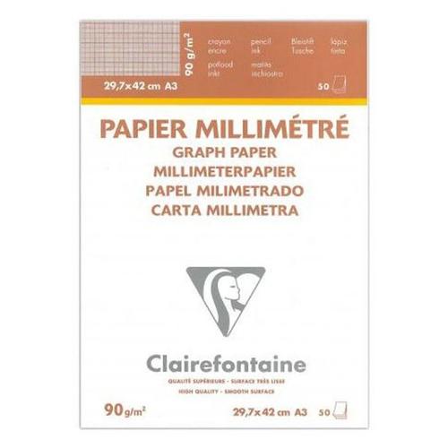Bloc Encollé 29,7 X 42 Cm A3 - Papier Millimétré - 50 Feuilles - 90g - Clairefontaine
