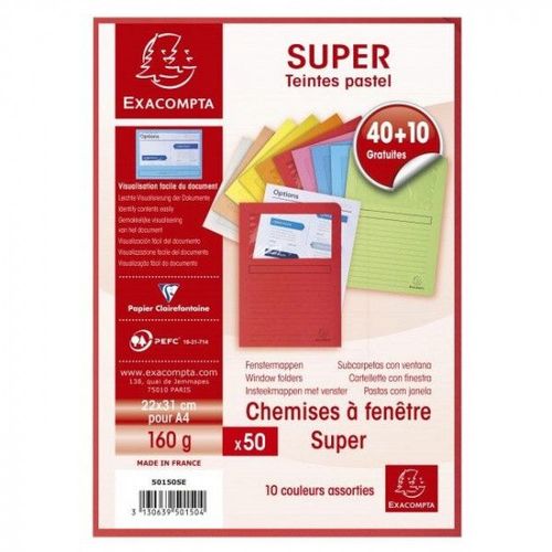 50 Chemises À Fenêtre 22x31cm Document A4 160g Couleurs Assorties Exacompta