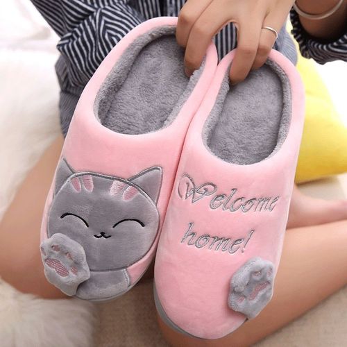 Pantoufle Femme Chaussure Maison Hiver Antidérapantes En Fourrure Pour Femmes, Chat De Dessin Animé, Chaussures De Sol En Mousse Mémoire De Forme Pour Hommes Et Filles