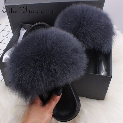 Pantoufles Fourrure Pour Femme, Chaussures Tendance, En Véritable Renard, Glissantes, Pelucheuses